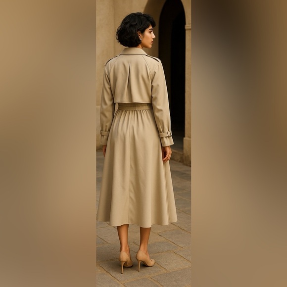 Stylish Tan Trench Coat with Skirt 2 pc set- Missing Label - Picture 5 of 5
